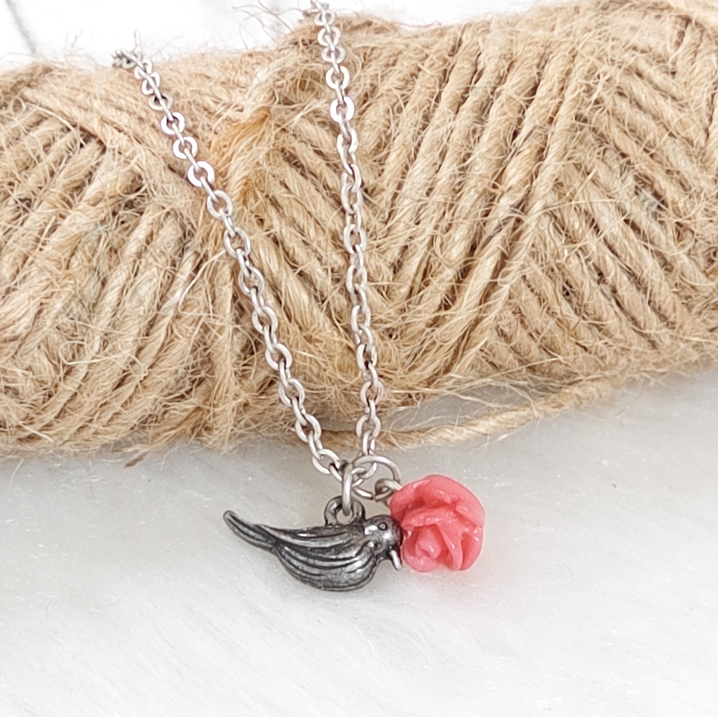 N1145 Minimalist Bird & Flower Silvertone Necklace